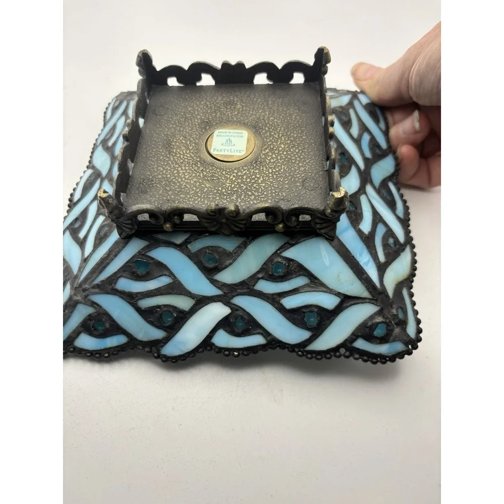 Party Lite Spring Water Blue Stained Glass Pillar Candle Holder Square Mosaic
